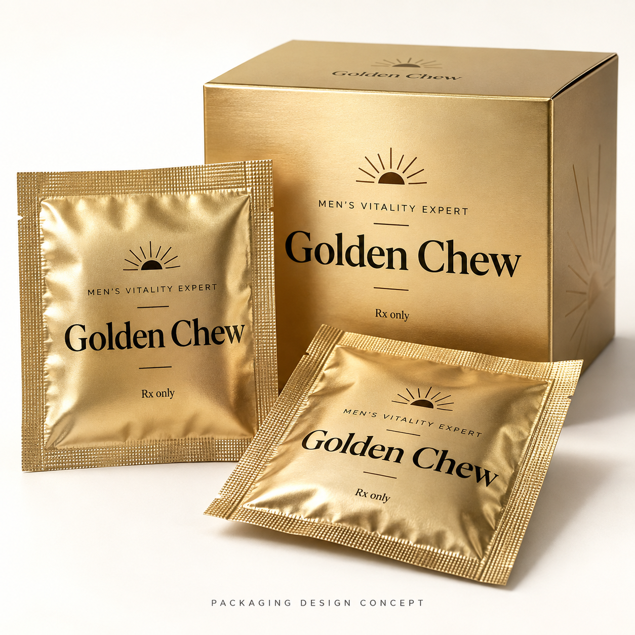 Gold individual sachets and matching outer carton packaging design
