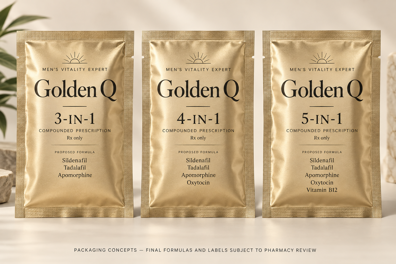 Golden Q gold packaging concepts for 3-in-1, 4-in-1 and 5-in-1 proposed formulations