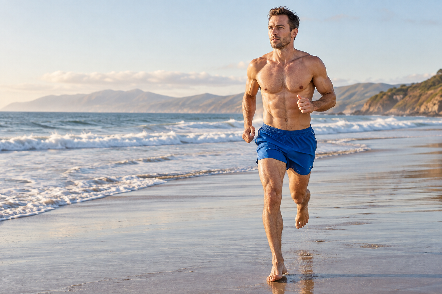 An athletic adult man running along the beach in blue shorts